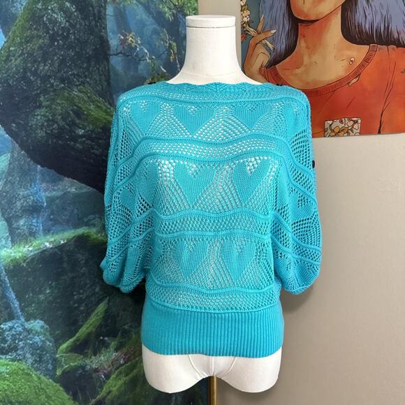 turquoise open knit batwing sweater jon & anna sheer button sleeve pullover - Picture 2 of 7